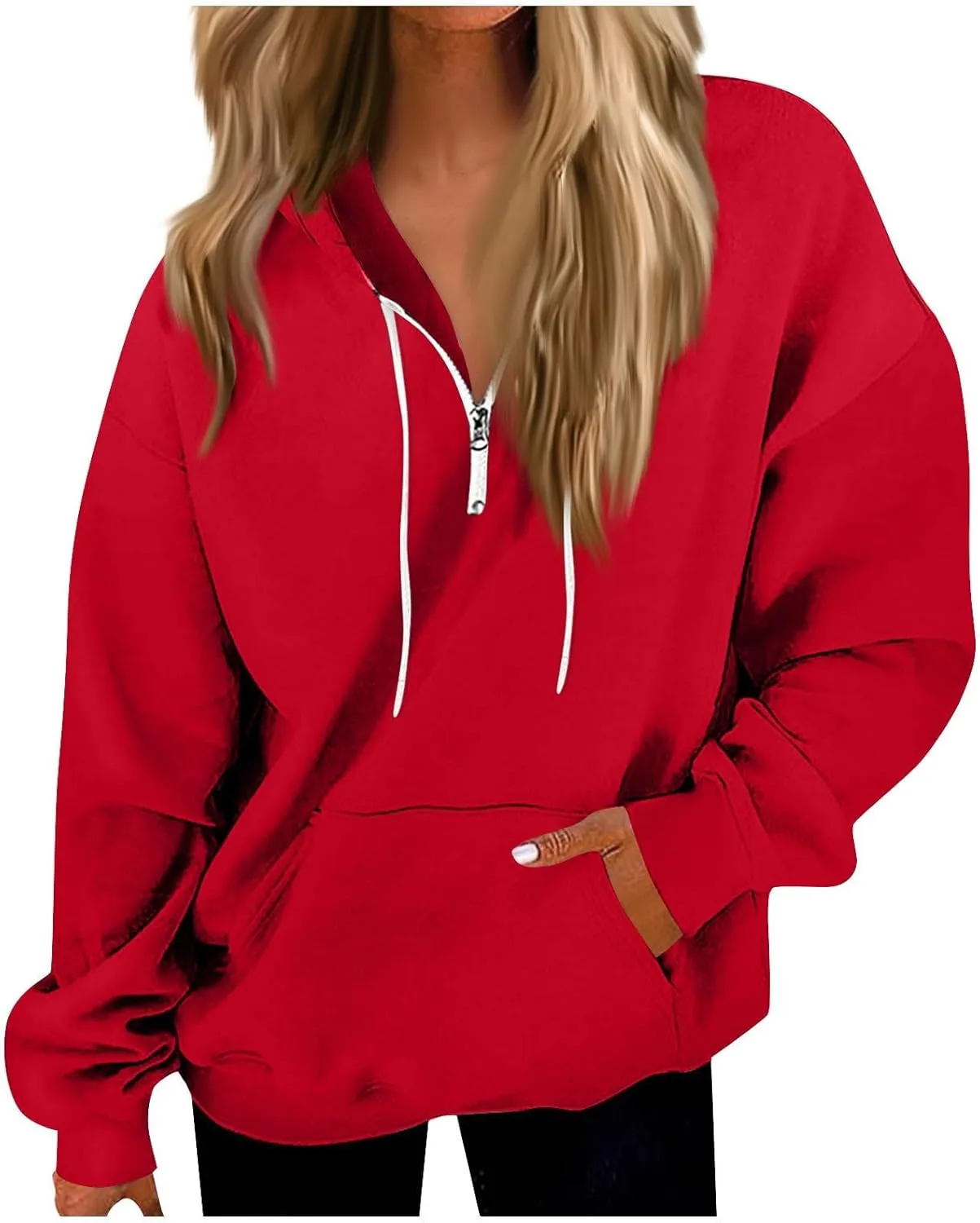 Oversized Zip Up Hoodie Women Fleece Quarter Zip Pullover Sweatshirts Casual Long Sleeve Top Fall Clothes w/Pockets