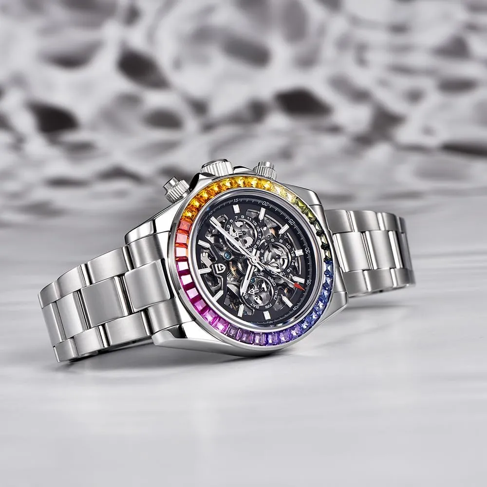 PAGANI DESIGN 1777 Men's Multifunction Automatic Mechanical Watch Skeleton Rainbow Bezel Stainless Steel Strap Waterproof Luminous Luxury Analog Watch