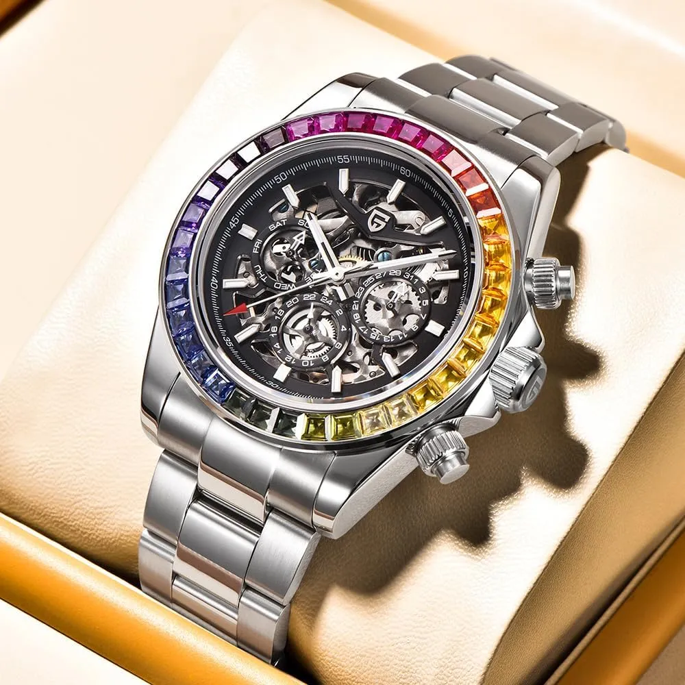 PAGANI DESIGN 1777 Men's Multifunction Automatic Mechanical Watch Skeleton Rainbow Bezel Stainless Steel Strap Waterproof Luminous Luxury Analog Watch