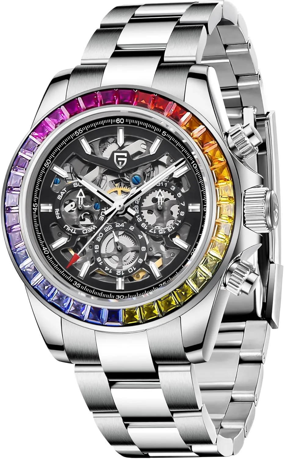 PAGANI DESIGN 1777 Men's Multifunction Automatic Mechanical Watch Skeleton Rainbow Bezel Stainless Steel Strap Waterproof Luminous Luxury Analog Watch