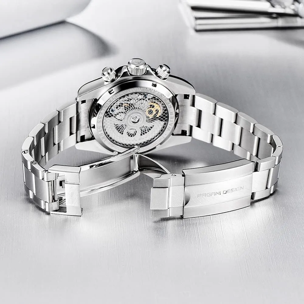 Pagani Design Luxury Men's Automatic Mechanical Watches Skeleton Dial Stainless Steel Rainbow Bezel Rubber Strap 100M Waterproof Sports Wristwatch