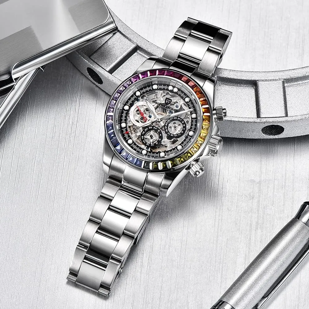 Pagani Design Luxury Men's Automatic Mechanical Watches Skeleton Dial Stainless Steel Rainbow Bezel Rubber Strap 100M Waterproof Sports Wristwatch