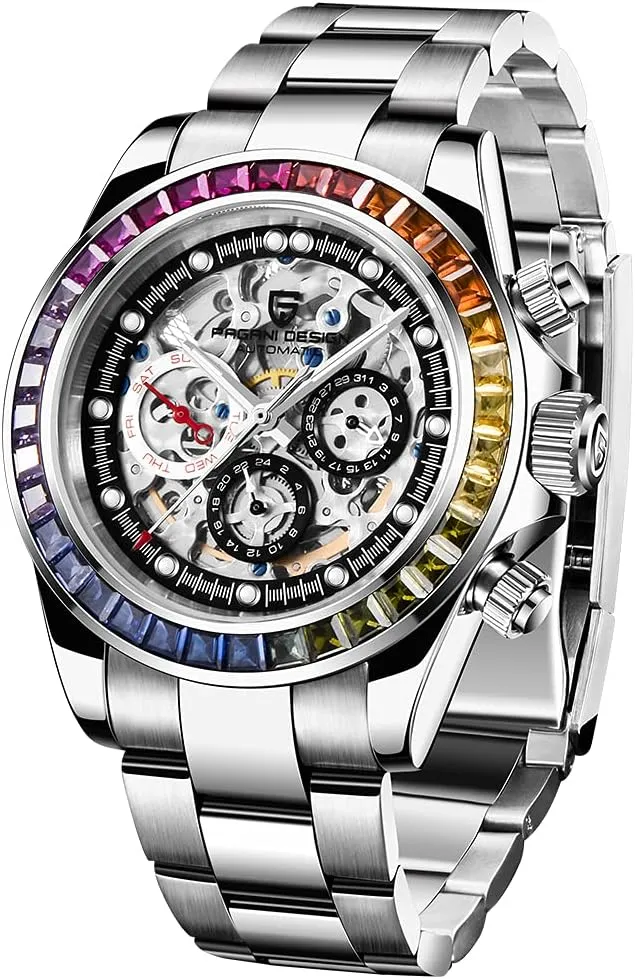 Pagani Design Luxury Men's Automatic Mechanical Watches Skeleton Dial Stainless Steel Rainbow Bezel Rubber Strap 100M Waterproof Sports Wristwatch