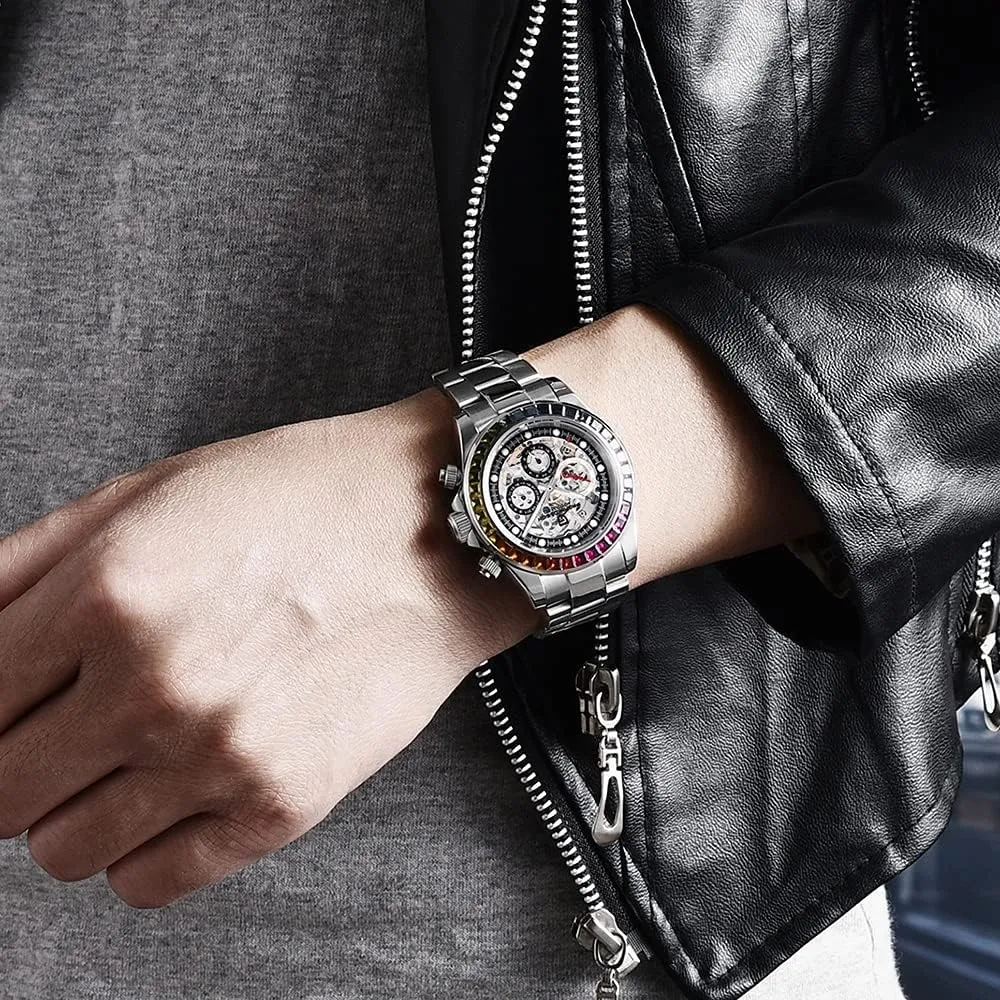 Pagani Design Luxury Men's Automatic Mechanical Watches Skeleton Dial Stainless Steel Rainbow Bezel Rubber Strap 100M Waterproof Sports Wristwatch