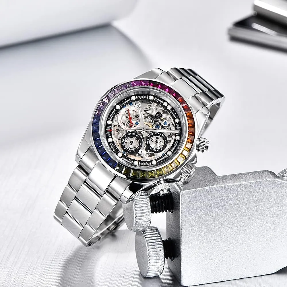 Pagani Design Luxury Men's Automatic Mechanical Watches Skeleton Dial Stainless Steel Rainbow Bezel Rubber Strap 100M Waterproof Sports Wristwatch