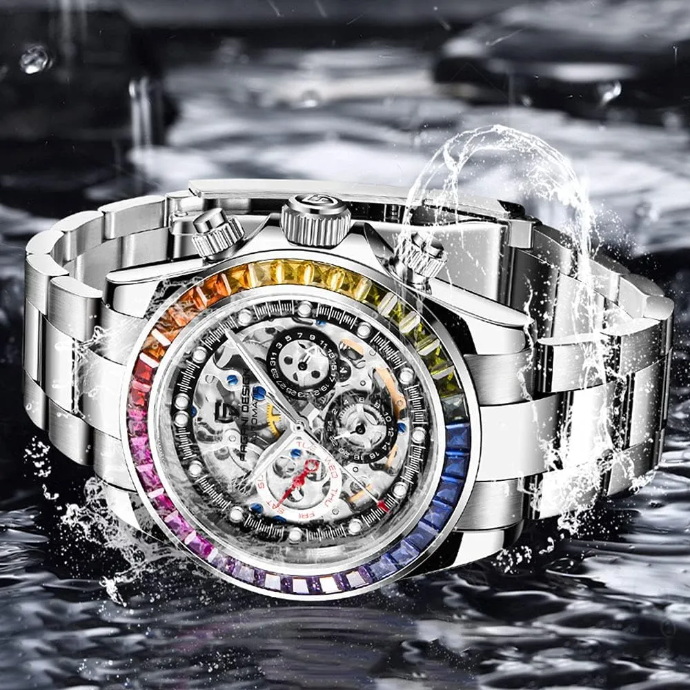 Pagani Design Luxury Men's Automatic Mechanical Watches Skeleton Dial Stainless Steel Rainbow Bezel Rubber Strap 100M Waterproof Sports Wristwatch