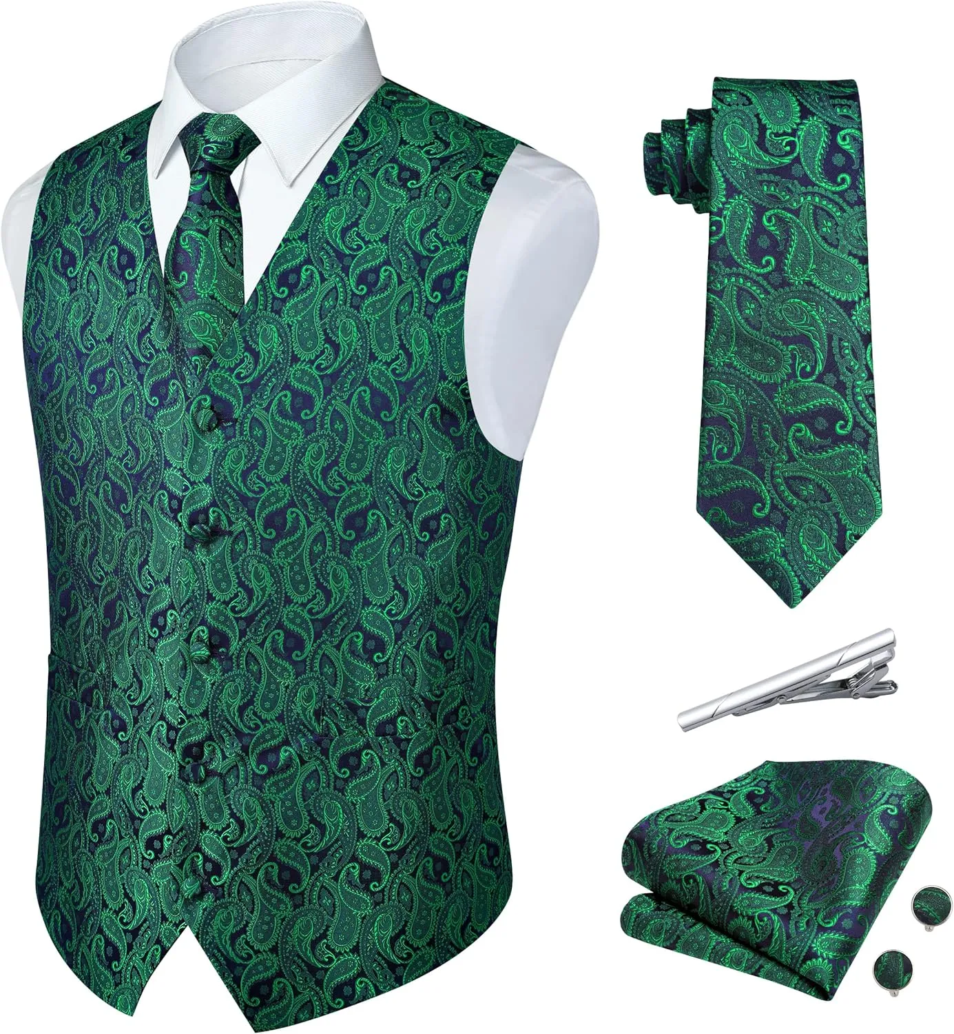 Paisley Vest and Tie Sets for Men Formal Floral Jacquard Suit Vests Ties Pocket Square Cufflinks 5PCS Tuxedo Waistcoat
