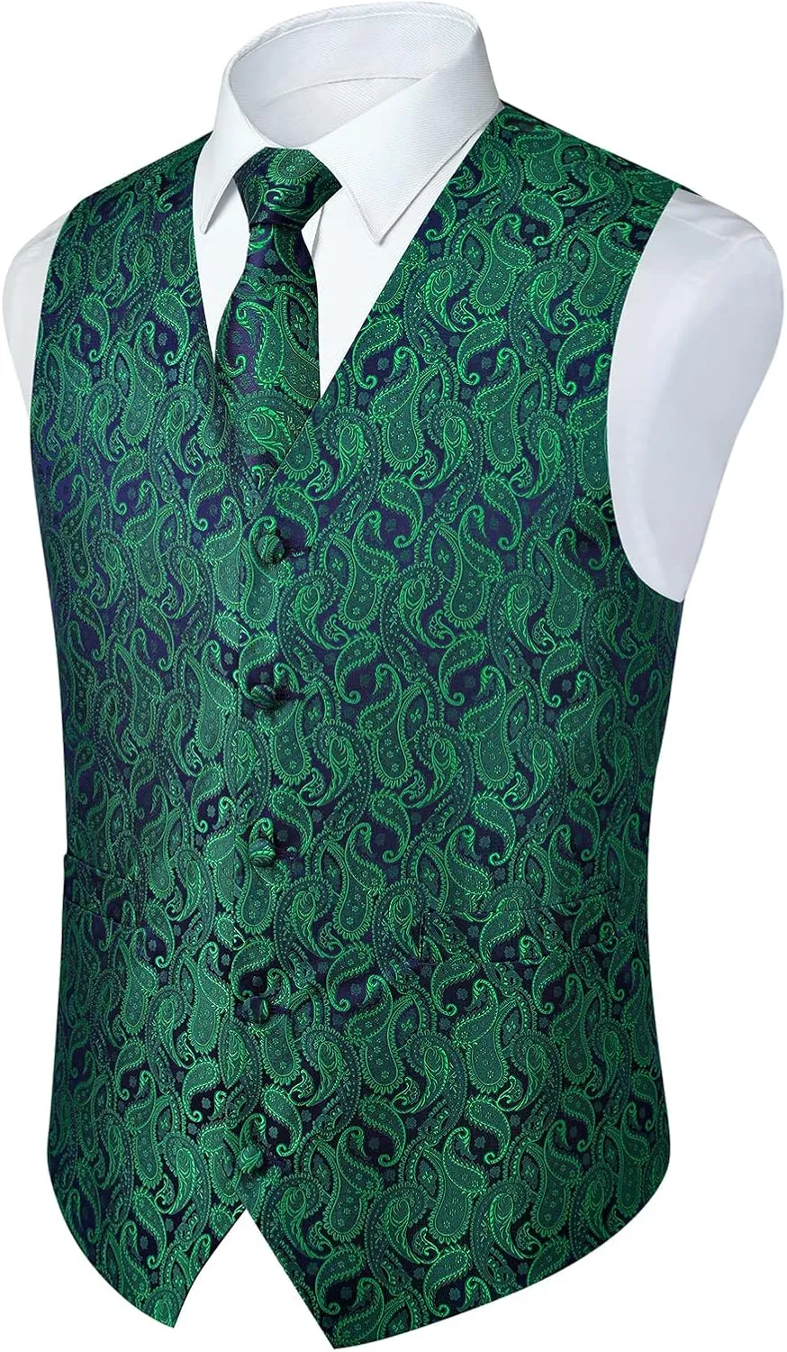 Paisley Vest and Tie Sets for Men Formal Floral Jacquard Suit Vests Ties Pocket Square Cufflinks 5PCS Tuxedo Waistcoat
