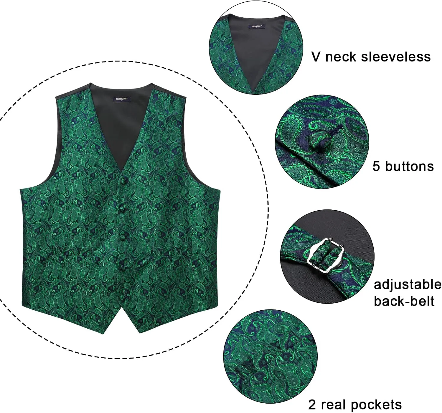 Paisley Vest and Tie Sets for Men Formal Floral Jacquard Suit Vests Ties Pocket Square Cufflinks 5PCS Tuxedo Waistcoat