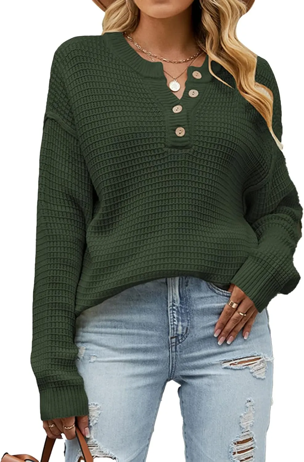 PEHMEA Women's Waffle Knit Oversized Sweaters Button Long Sleeve v Neck Side Slit Pullover Jumper Top