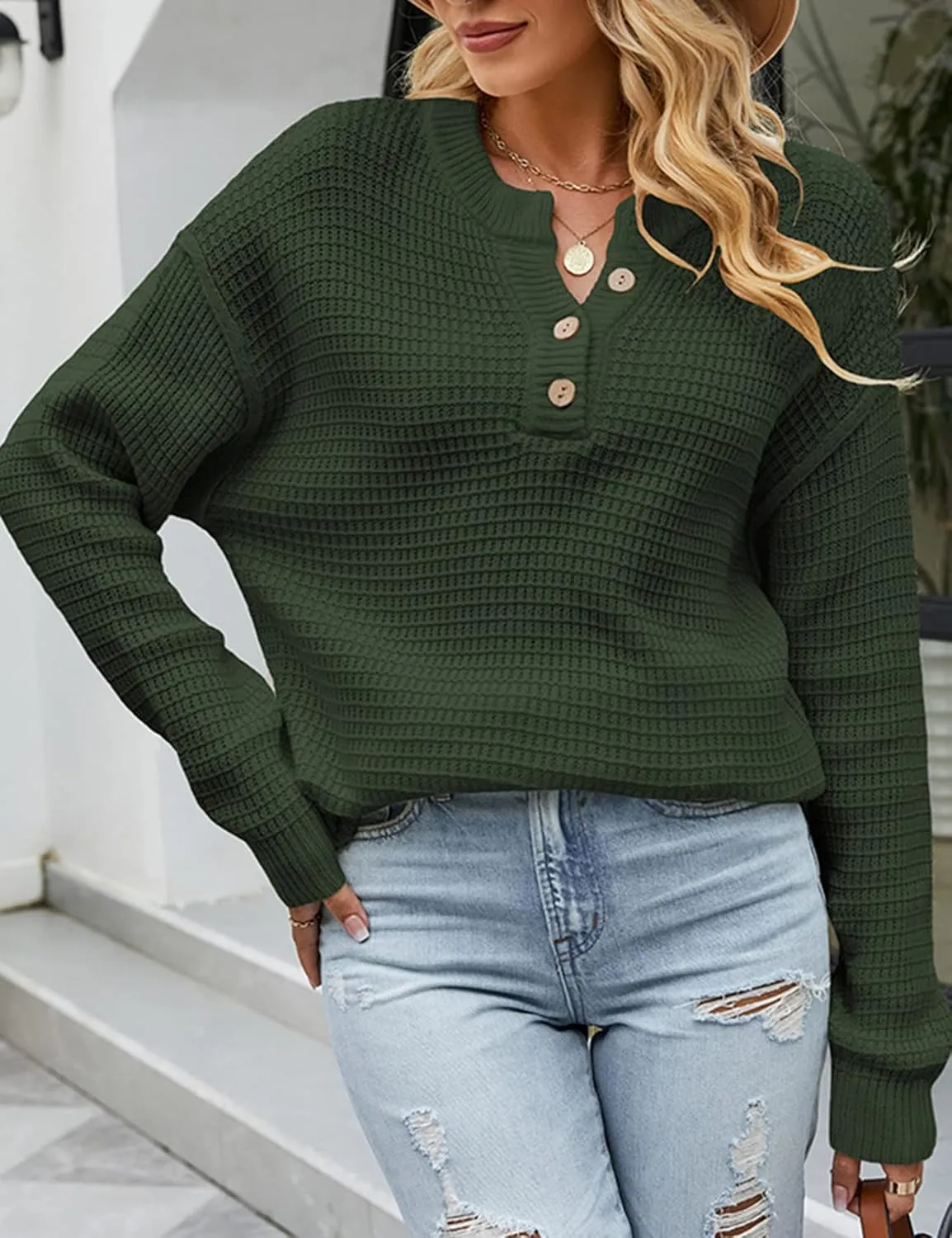 PEHMEA Women's Waffle Knit Oversized Sweaters Button Long Sleeve v Neck Side Slit Pullover Jumper Top