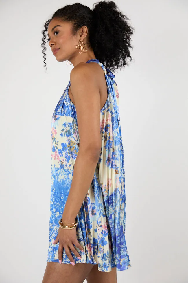 Petal Perfection Blue Multi Halter Neck Printed Mini Dress