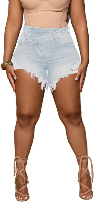 PINSV Women's High Waisted Crossover Denim Shorts