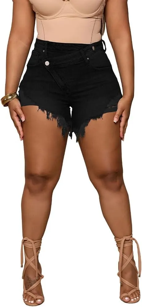 PINSV Women's High Waisted Crossover Denim Shorts