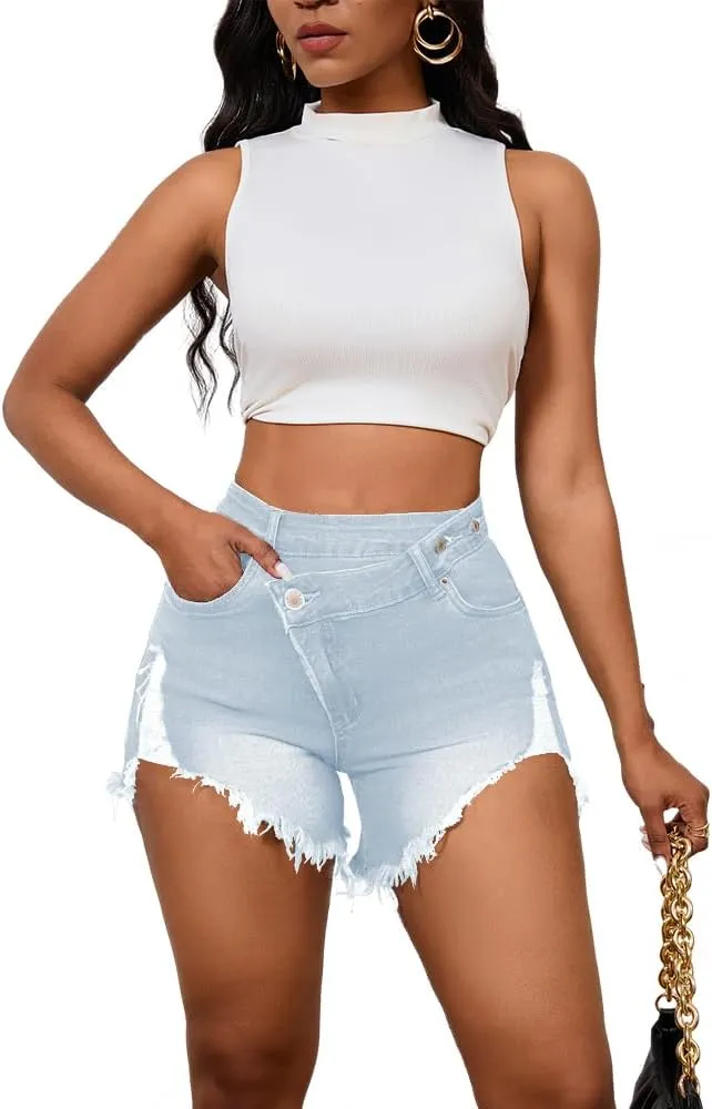 PINSV Women's High Waisted Crossover Denim Shorts