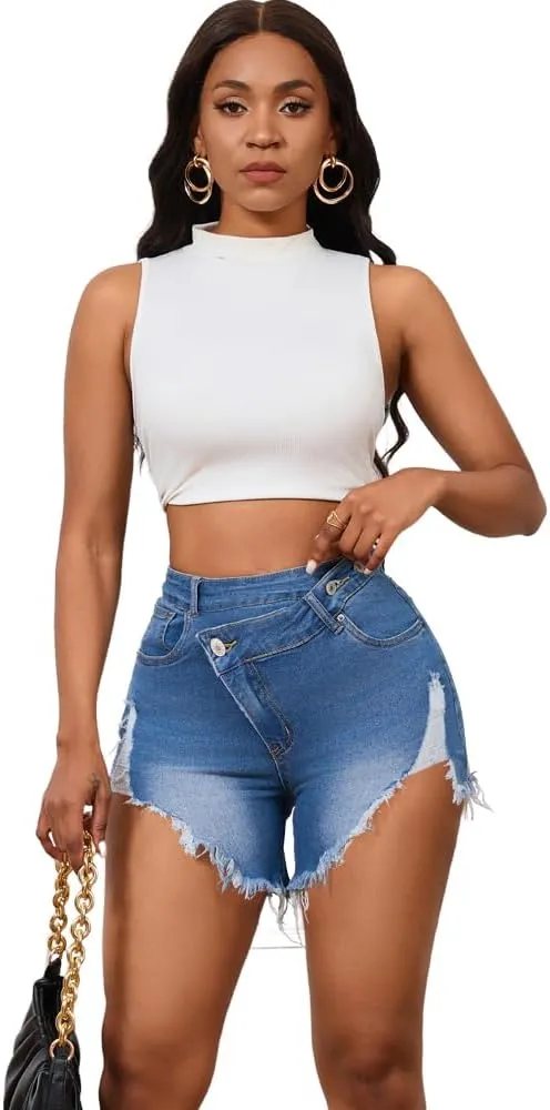 PINSV Women's High Waisted Crossover Denim Shorts