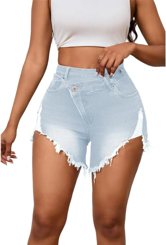 PINSV Women's High Waisted Crossover Denim Shorts
