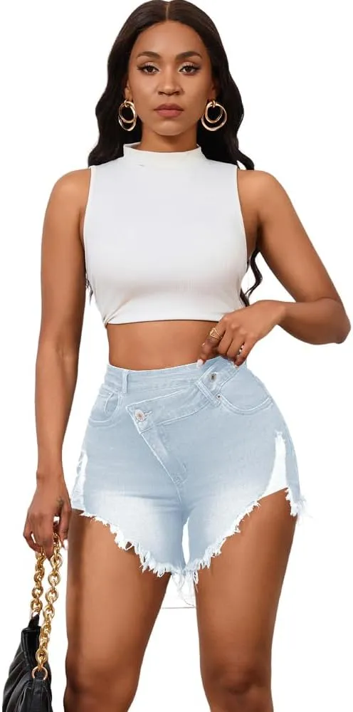 PINSV Women's High Waisted Crossover Denim Shorts