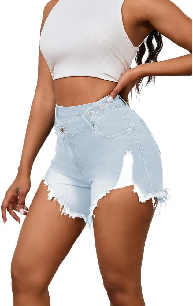 PINSV Women's High Waisted Crossover Denim Shorts