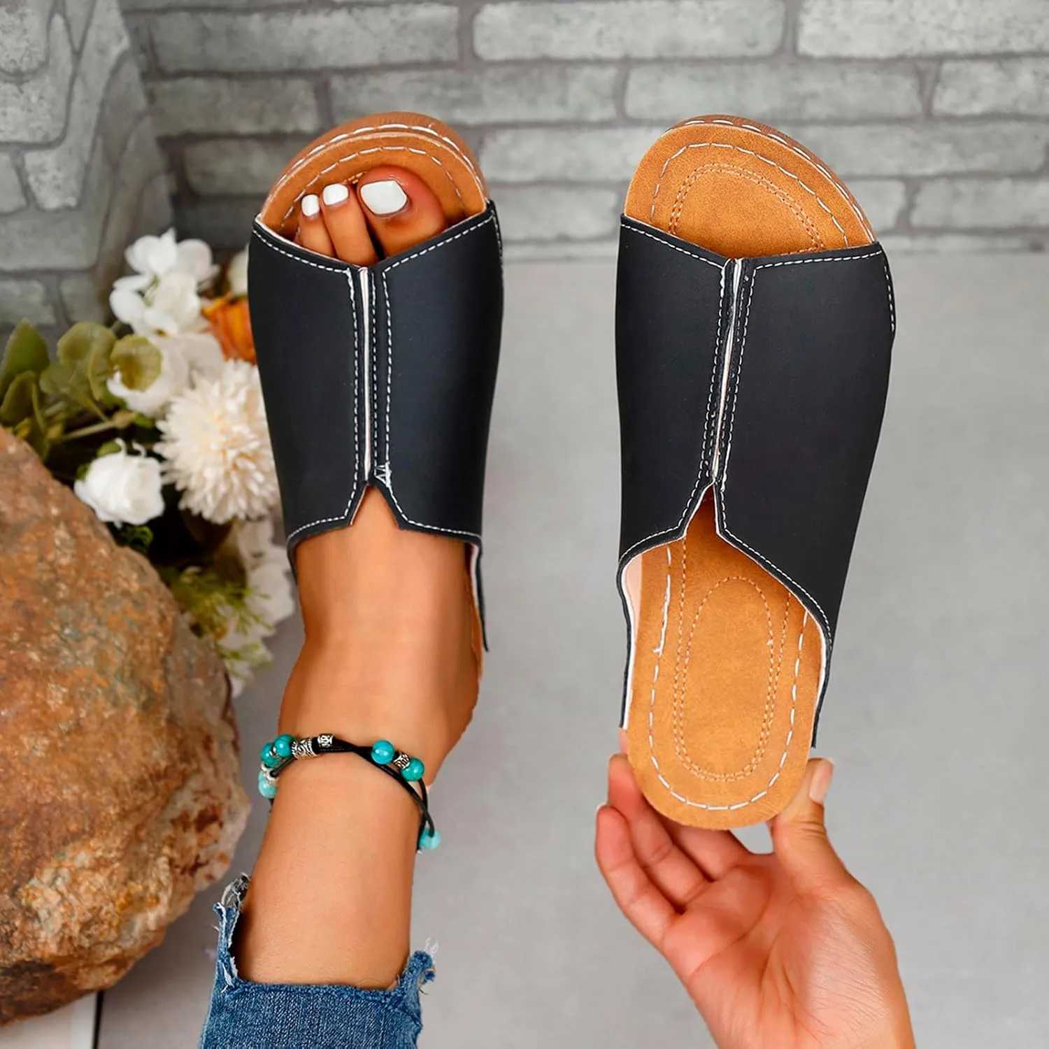 Platform Sandals Women Arch Support Flat Slip on Sandals Lightweight Wide Width Leather Platform Wedge Shoes