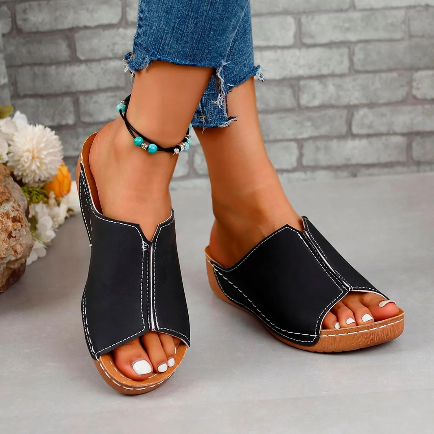 Platform Sandals Women Arch Support Flat Slip on Sandals Lightweight Wide Width Leather Platform Wedge Shoes