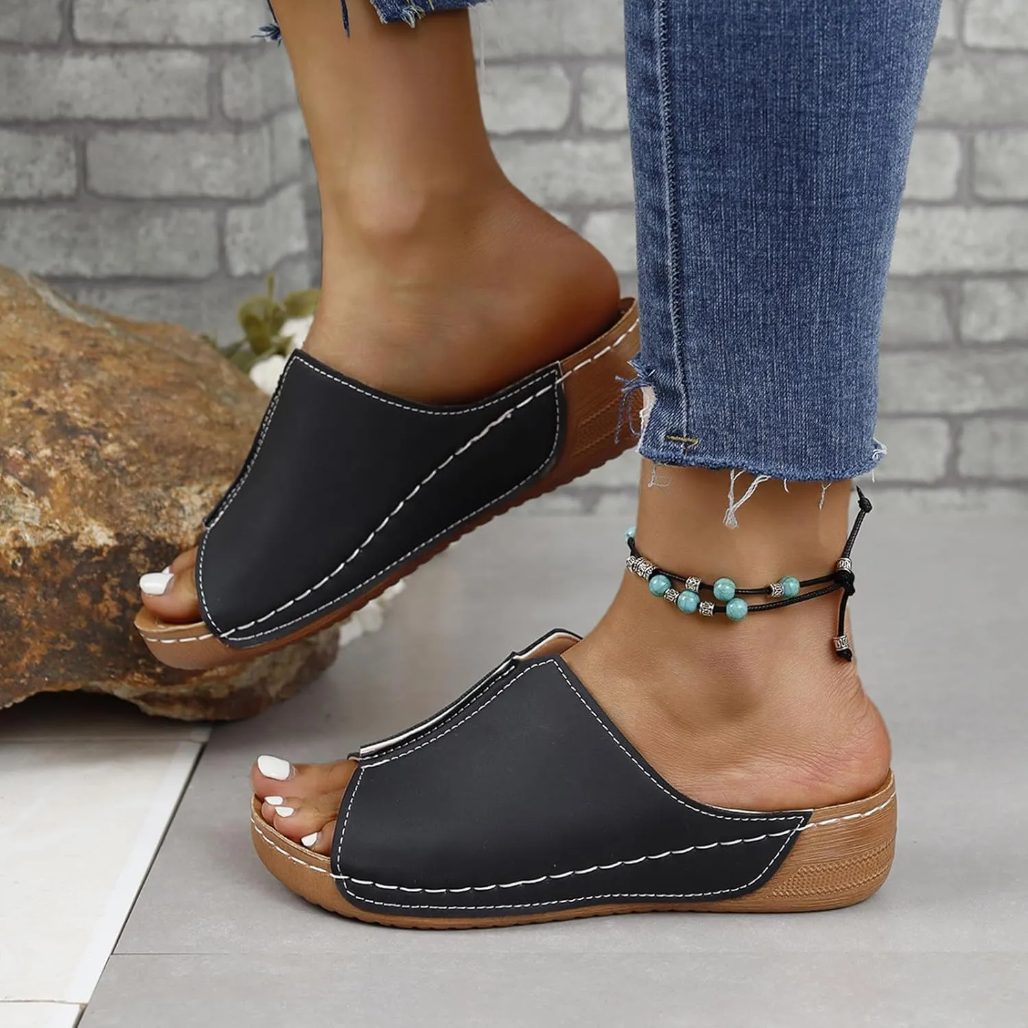Platform Sandals Women Arch Support Flat Slip on Sandals Lightweight Wide Width Leather Platform Wedge Shoes