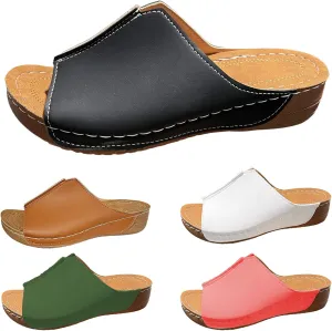 Platform Sandals Women Arch Support Flat Slip on Sandals Lightweight Wide Width Leather Platform Wedge Shoes