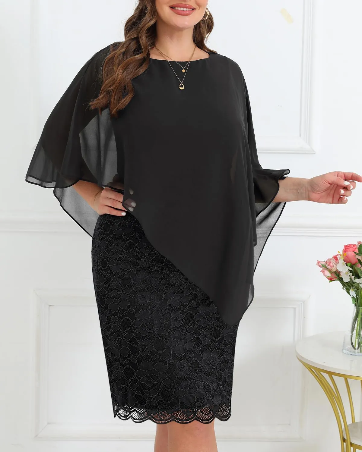 Plus Size Dresses Wedding Guest - Mother Bride Semi Formal Lace Cape with Chiffon Overlay Dresses