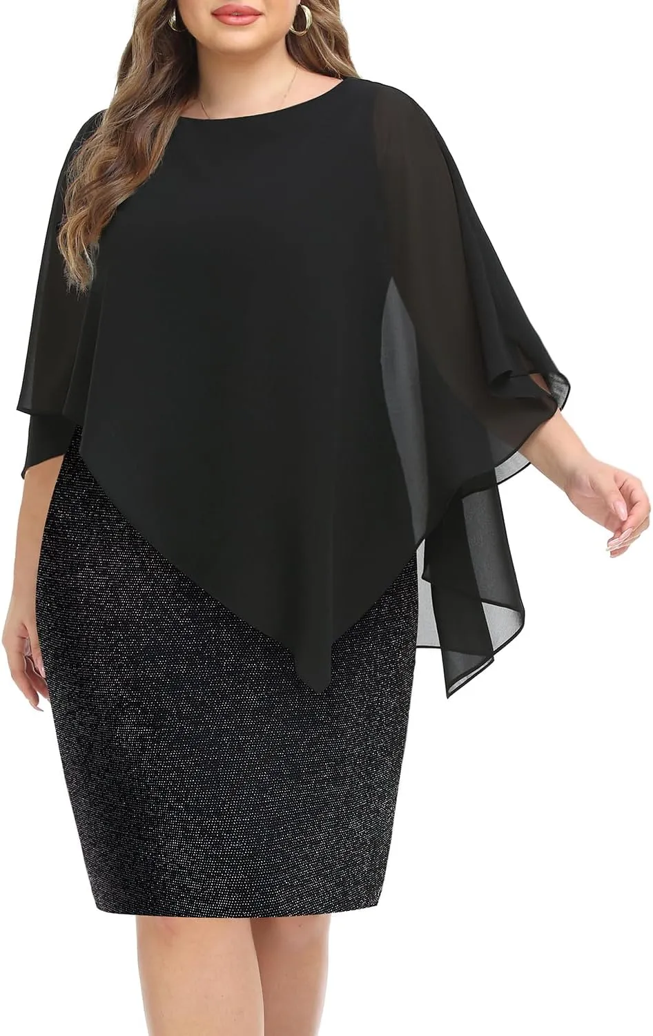 Plus Size Dresses Wedding Guest - Mother Bride Semi Formal Lace Cape with Chiffon Overlay Dresses