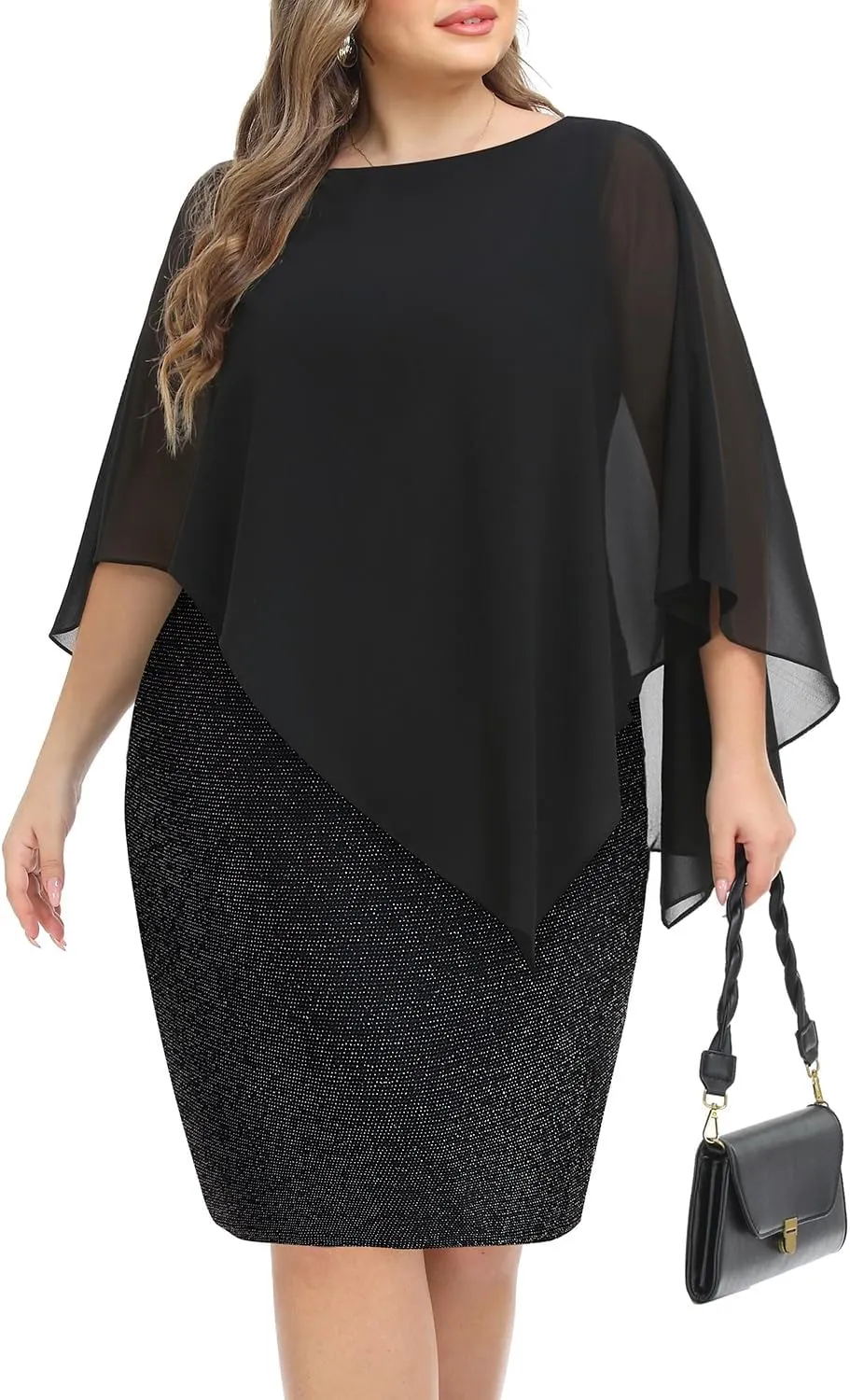 Plus Size Dresses Wedding Guest - Mother Bride Semi Formal Lace Cape with Chiffon Overlay Dresses