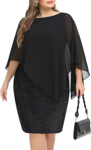 Plus Size Dresses Wedding Guest - Mother Bride Semi Formal Lace Cape with Chiffon Overlay Dresses