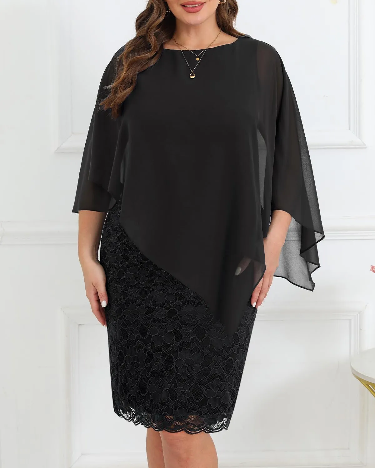 Plus Size Dresses Wedding Guest - Mother Bride Semi Formal Lace Cape with Chiffon Overlay Dresses