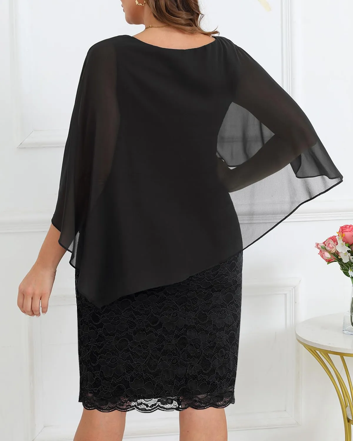 Plus Size Dresses Wedding Guest - Mother Bride Semi Formal Lace Cape with Chiffon Overlay Dresses