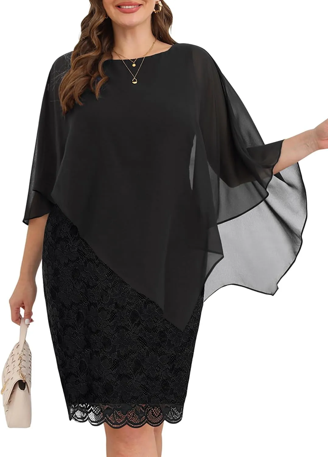 Plus Size Dresses Wedding Guest - Mother Bride Semi Formal Lace Cape with Chiffon Overlay Dresses