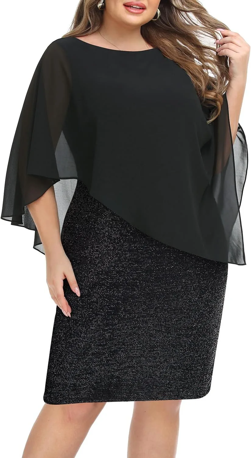 Plus Size Dresses Wedding Guest - Mother Bride Semi Formal Lace Cape with Chiffon Overlay Dresses