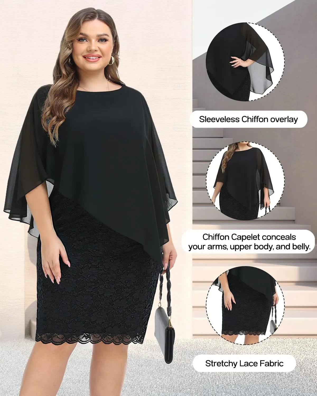 Plus Size Dresses Wedding Guest - Mother Bride Semi Formal Lace Cape with Chiffon Overlay Dresses