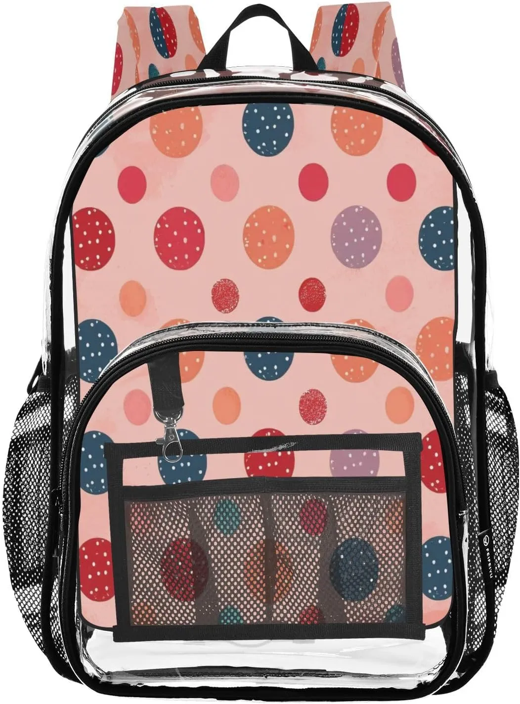Polka Dots Colorful Clear Backpack with Back Print, Heavy Duty See Through Backpacks PVC Transparent Daypack for Travel Security