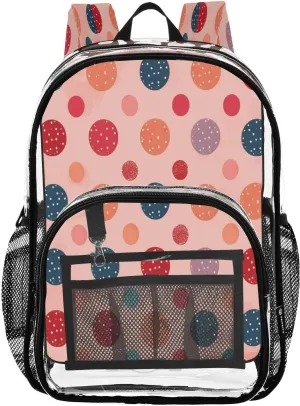 Polka Dots Colorful Clear Backpack with Back Print, Heavy Duty See Through Backpacks PVC Transparent Daypack for Travel Security