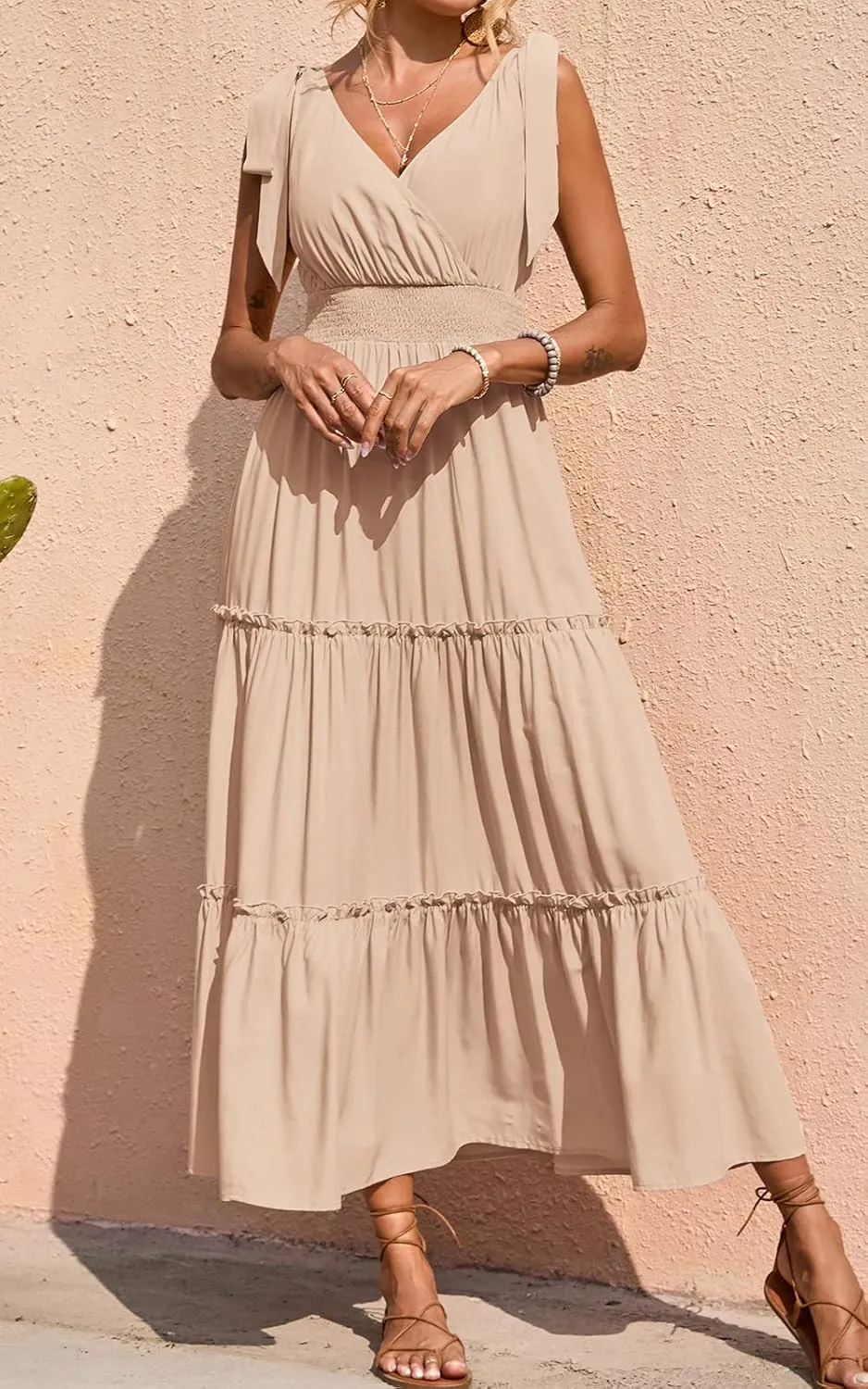 PRETTYGARDEN Women's Cross Neck Summer Sleeveless Tiered Maxi Dress Beach Tie Strap Smocked Long Dresses Pleated Sundress