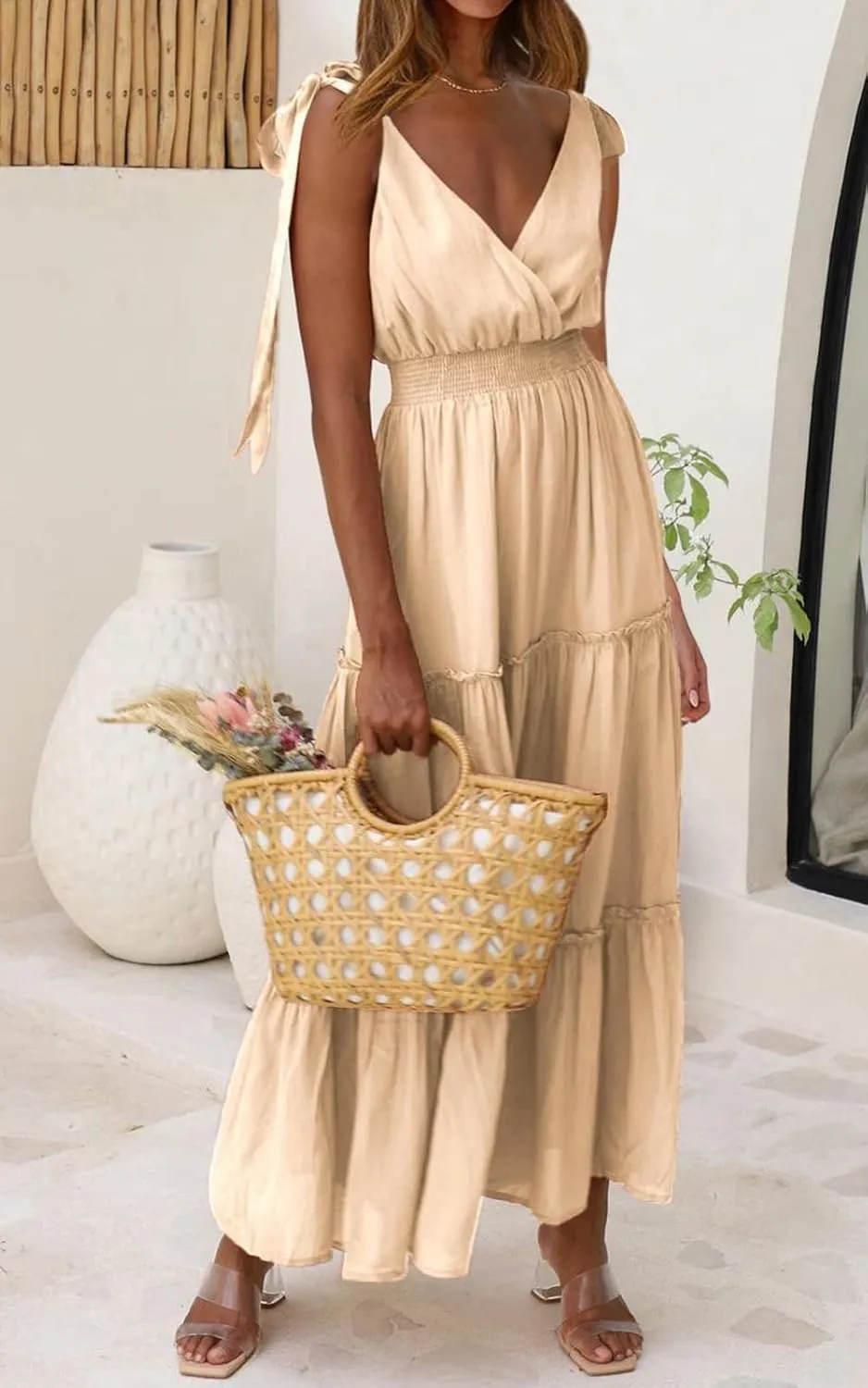 PRETTYGARDEN Women's Cross Neck Summer Sleeveless Tiered Maxi Dress Beach Tie Strap Smocked Long Dresses Pleated Sundress