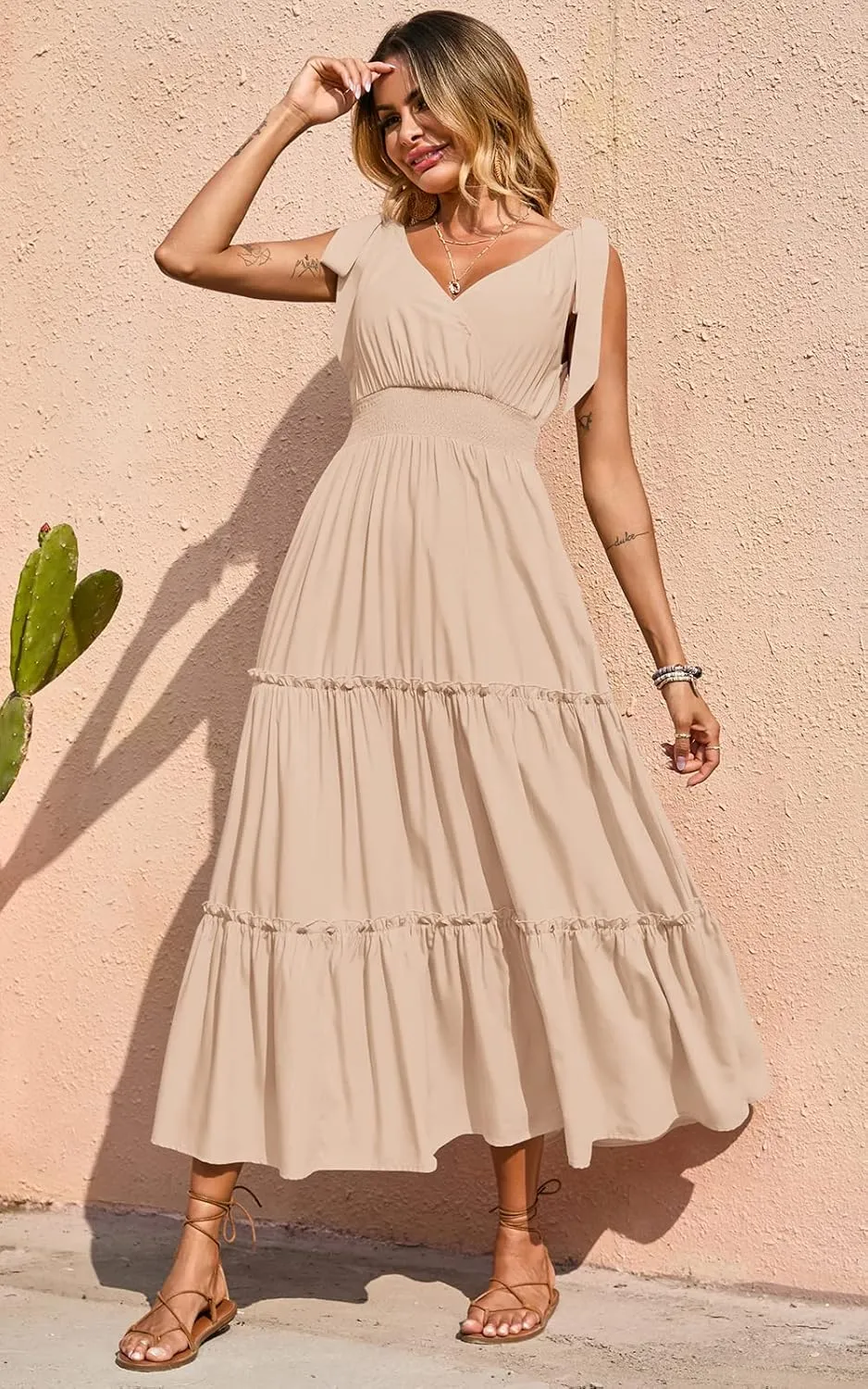 PRETTYGARDEN Women's Cross Neck Summer Sleeveless Tiered Maxi Dress Beach Tie Strap Smocked Long Dresses Pleated Sundress