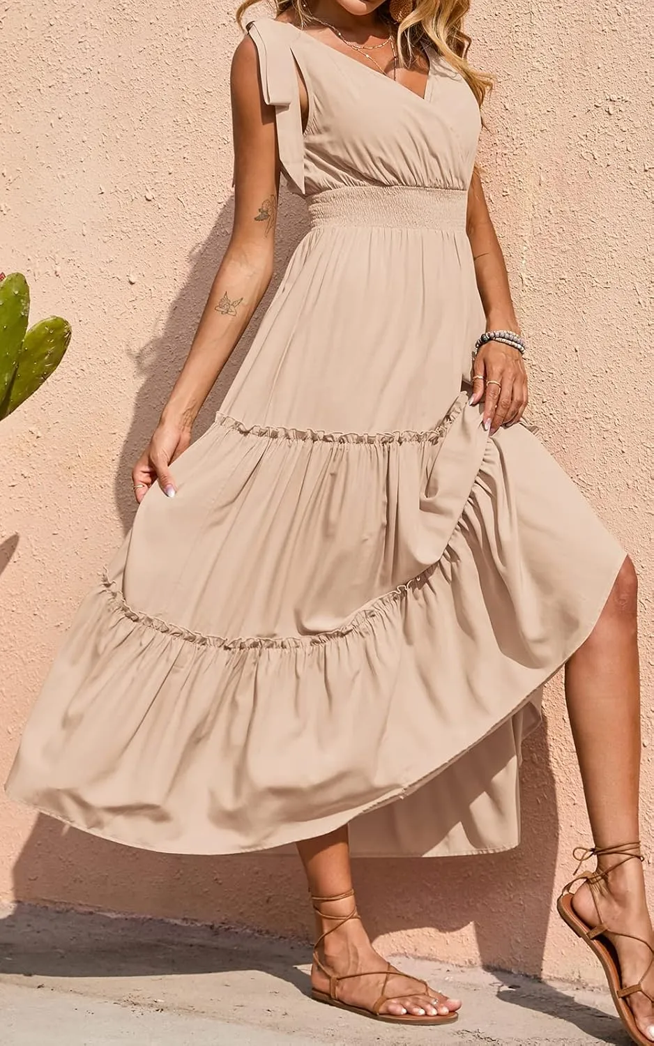 PRETTYGARDEN Women's Cross Neck Summer Sleeveless Tiered Maxi Dress Beach Tie Strap Smocked Long Dresses Pleated Sundress