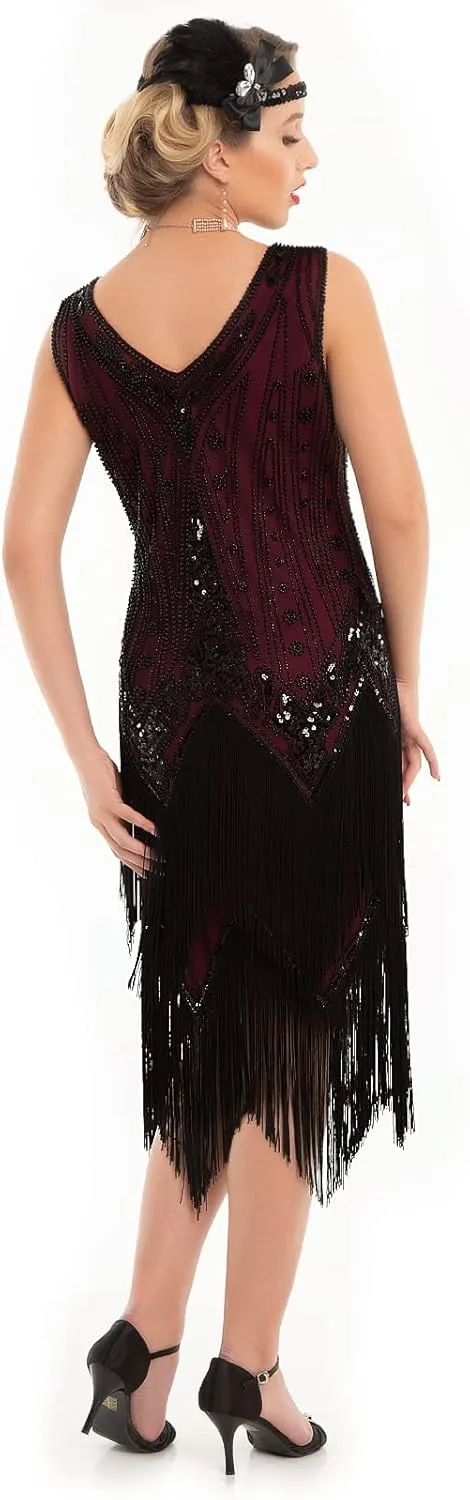 PrettyGuide Women's Flapper Dresses Sequin Pearl Fringe Dress V Neck 1920s Dress Art Deco Great Gatsby Dress