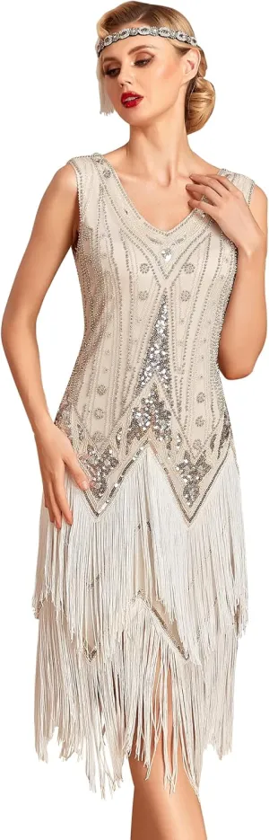 PrettyGuide Women's Flapper Dresses Sequin Pearl Fringe Dress V Neck 1920s Dress Art Deco Great Gatsby Dress