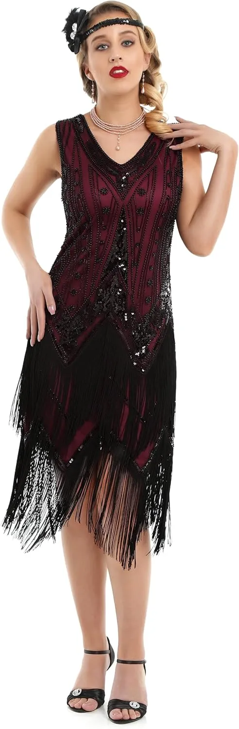 PrettyGuide Women's Flapper Dresses Sequin Pearl Fringe Dress V Neck 1920s Dress Art Deco Great Gatsby Dress