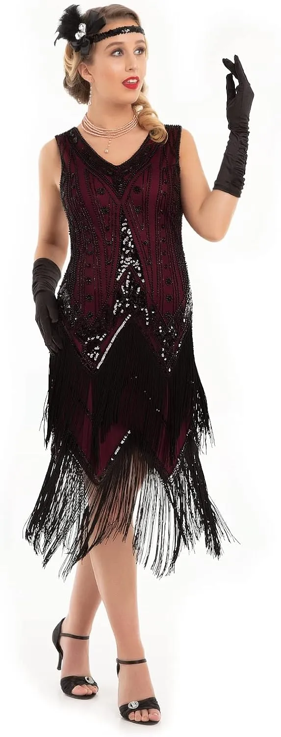 PrettyGuide Women's Flapper Dresses Sequin Pearl Fringe Dress V Neck 1920s Dress Art Deco Great Gatsby Dress