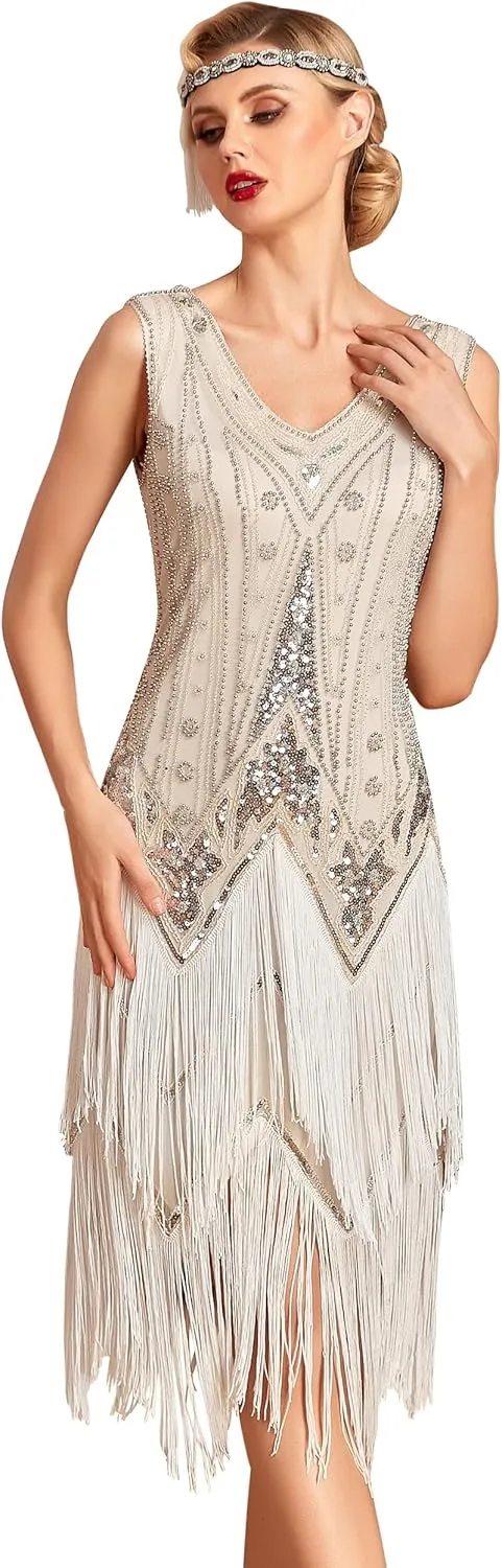 PrettyGuide Women's Flapper Dresses Sequin Pearl Fringe Dress V Neck 1920s Dress Art Deco Great Gatsby Dress