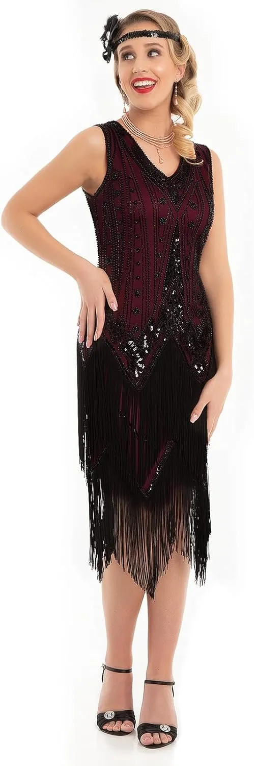 PrettyGuide Women's Flapper Dresses Sequin Pearl Fringe Dress V Neck 1920s Dress Art Deco Great Gatsby Dress