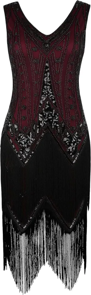 PrettyGuide Women's Flapper Dresses Sequin Pearl Fringe Dress V Neck 1920s Dress Art Deco Great Gatsby Dress