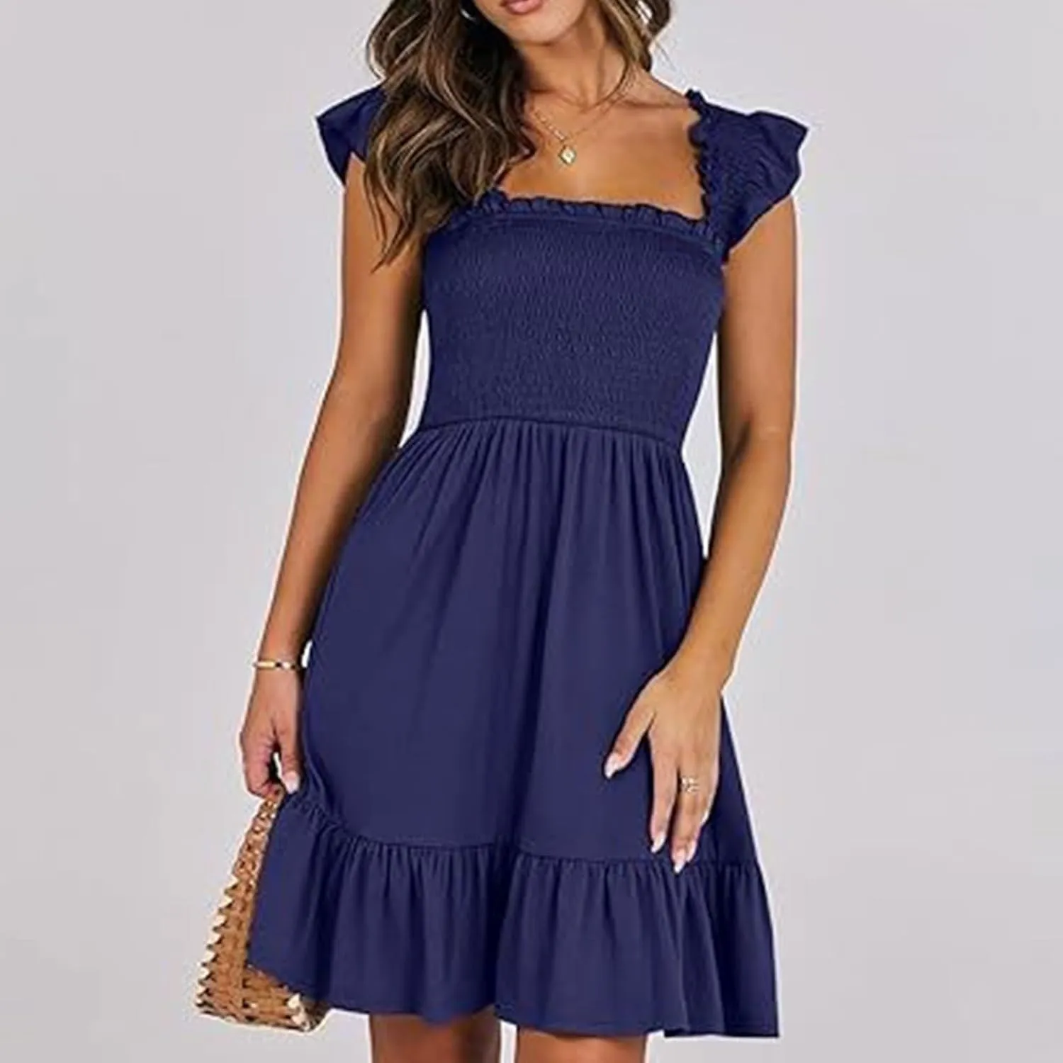 PTOLOCIF Womens Summer Casual Sleeveless Square Neck Smocked Ruffle Backless Boho Short Mini Casual Fall Work Dresses for
